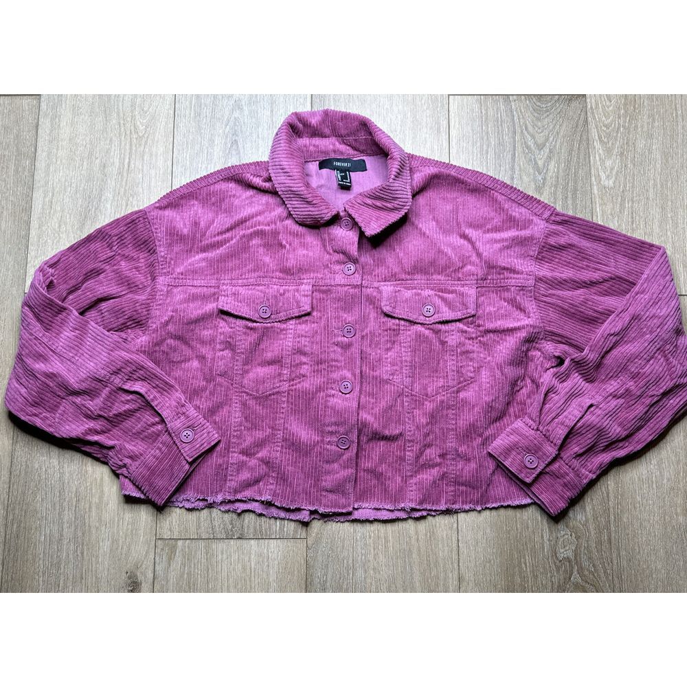 Forever 21 Womens Magenta Purple Corduroy Cropped Shacket Raw Hem Medium